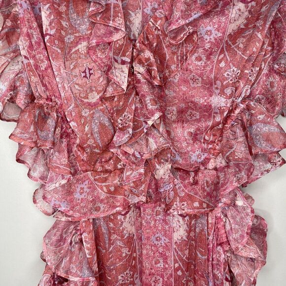 MISA Natasha Dress Womens Large Pink Floral Cut Out Midi Ruffle V-Neck Sheer - Picture 6 of 16